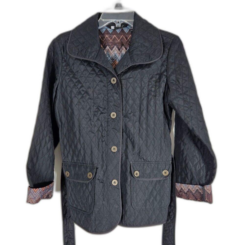 Carole Little Quilted Jacket Black Belted Chevron Print Trim Medium